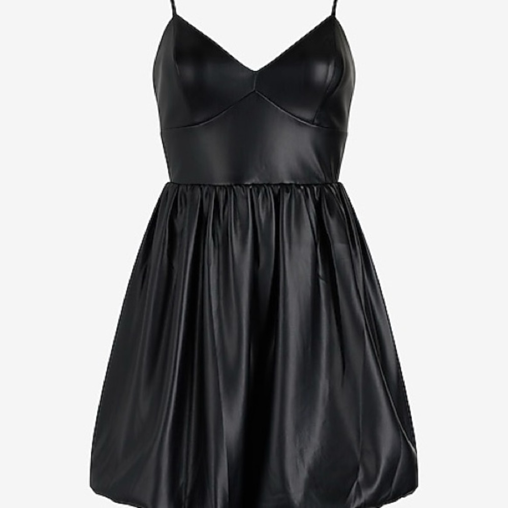 Express V-neck Mini Bubble Dress, Size XL, Black Faux Leather, Moto, Whimsy Goth
